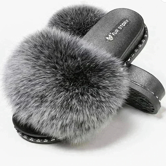 Fur Story Shoes - Fur Story Women's Slide Sandal, EU size 41.5, Black Silver